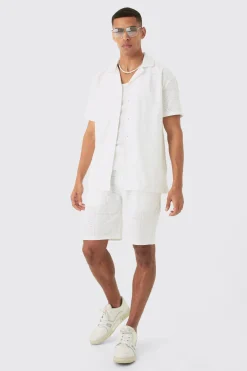 boohooMAN Oversized Revere Stretch Broderie Shirt & Short Set | UK| Sets & Co-Ords