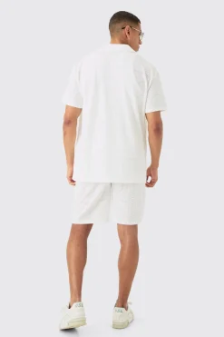 boohooMAN Oversized Revere Stretch Broderie Shirt & Short Set | UK| Sets & Co-Ords