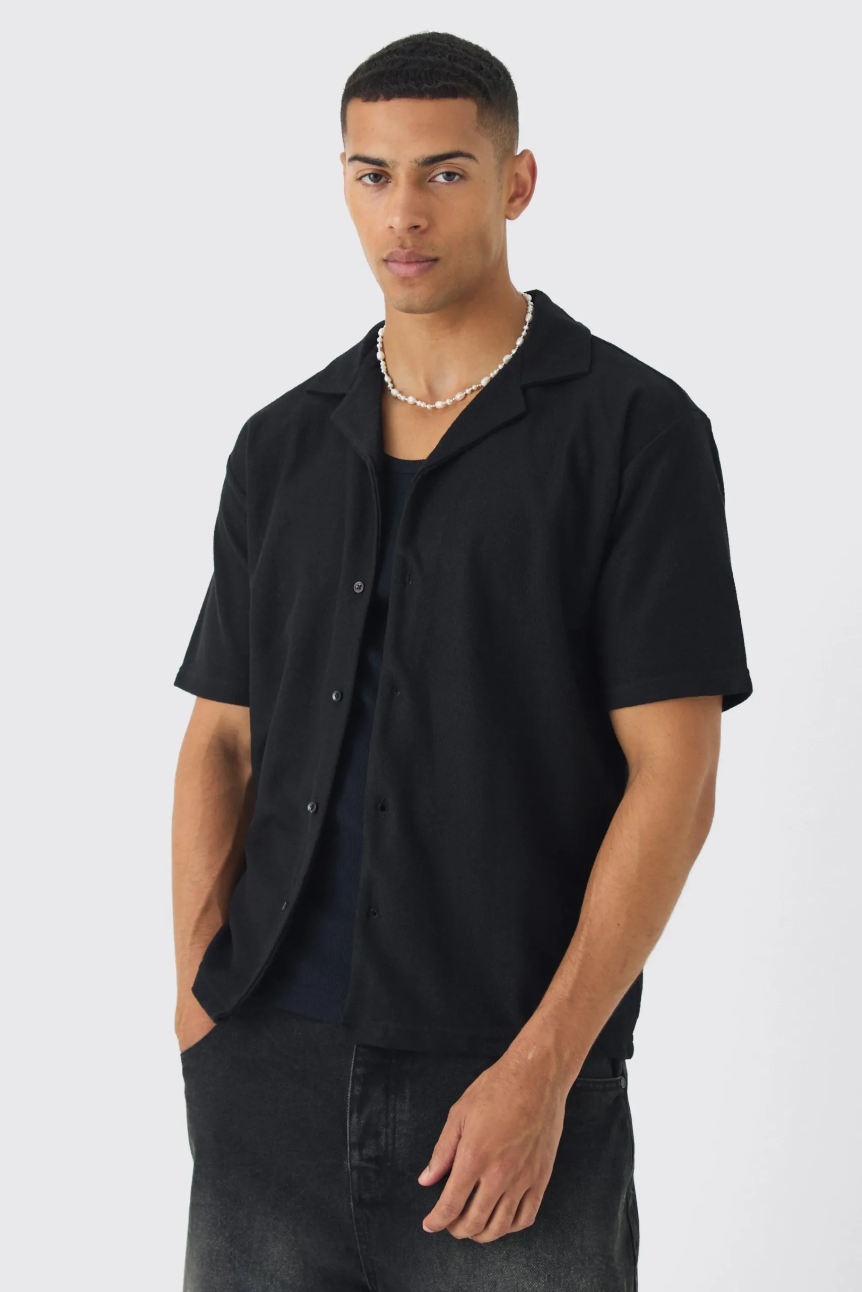 Oversized Revere Textured Slub Jersey Shirt | UK^boohooMAN Outlet