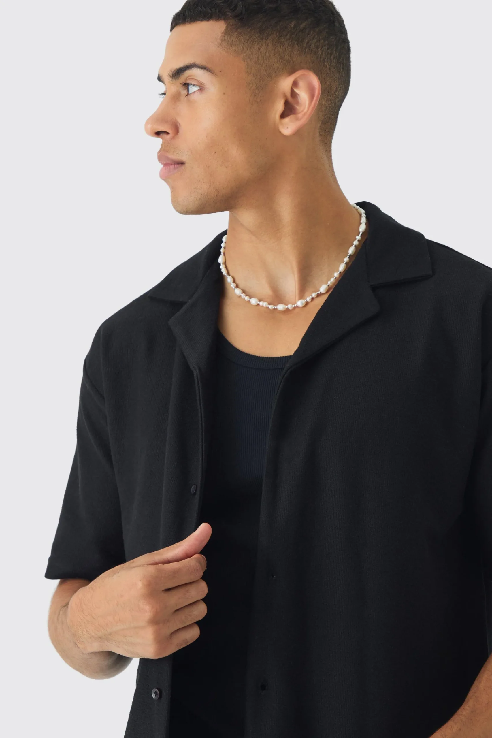 Oversized Revere Textured Slub Jersey Shirt | UK^boohooMAN Outlet