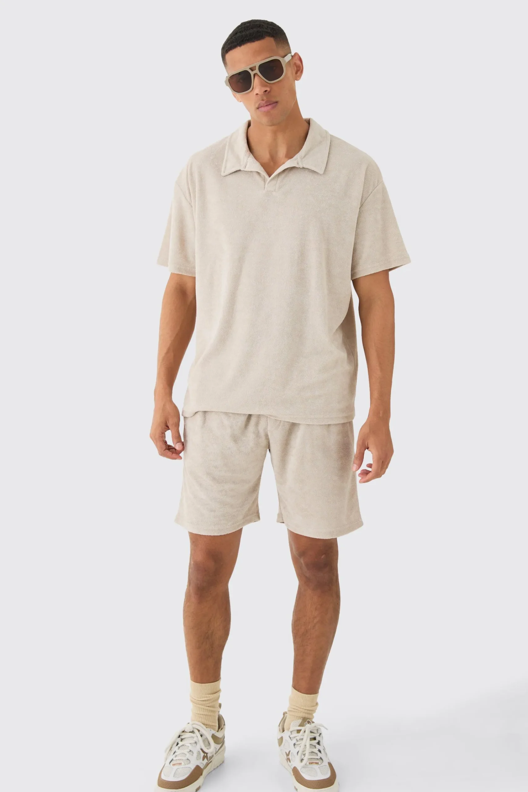 boohooMAN Oversized Revere Towelling Polo & Shorts Set | UK| Tracksuits