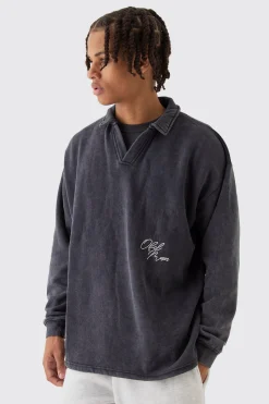boohooMAN Oversized Revere Washed Embroidered Rugby Sweatshirt Polo | UK| Hoodies & Sweatshirts