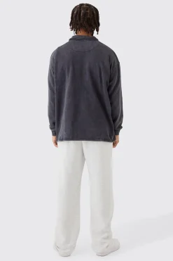 boohooMAN Oversized Revere Washed Embroidered Rugby Sweatshirt Polo | UK| Hoodies & Sweatshirts