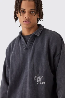 boohooMAN Oversized Revere Washed Embroidered Rugby Sweatshirt Polo | UK| Hoodies & Sweatshirts