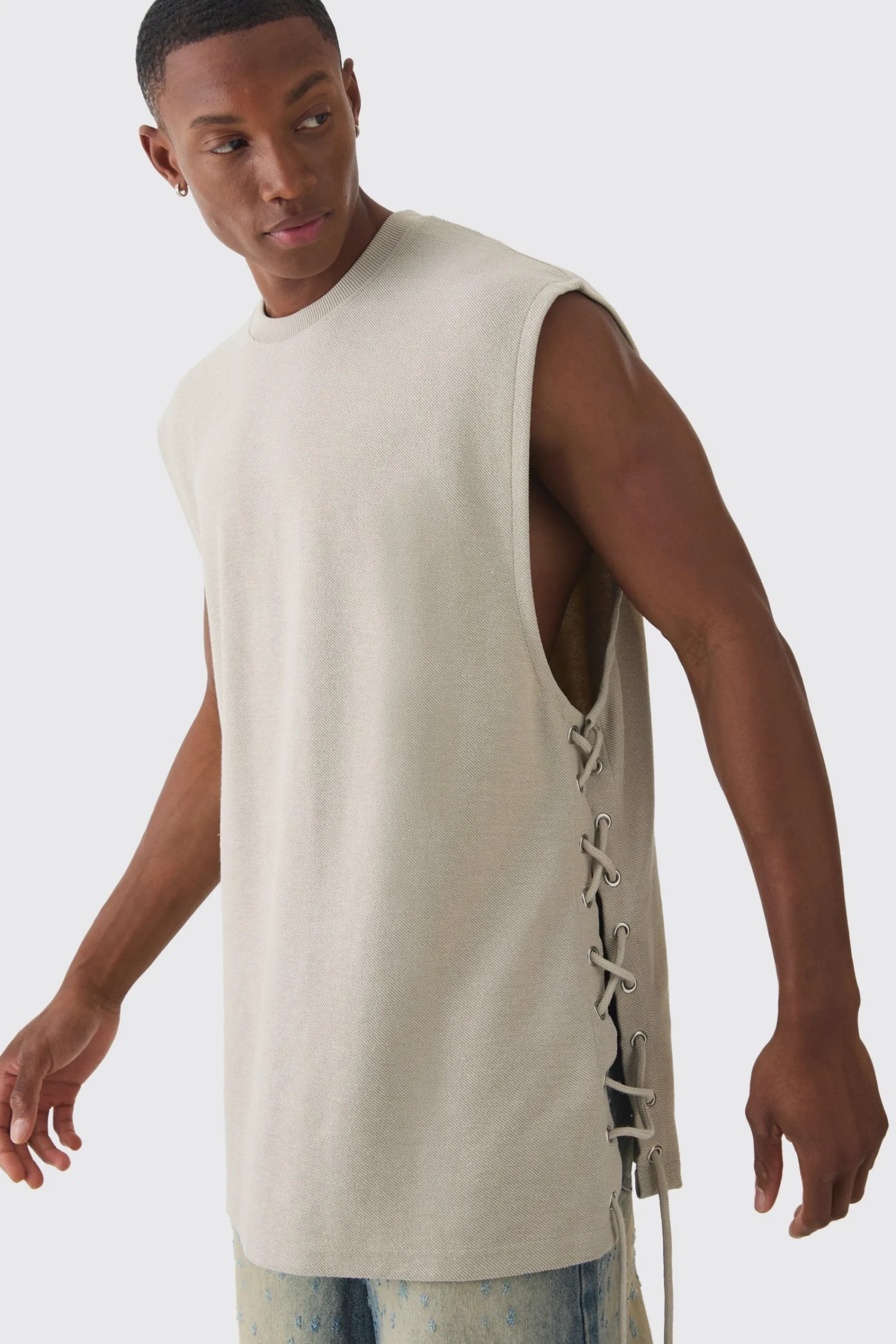 Oversized Reverse Loopback Lace Up Tank | UK^boohooMAN Outlet