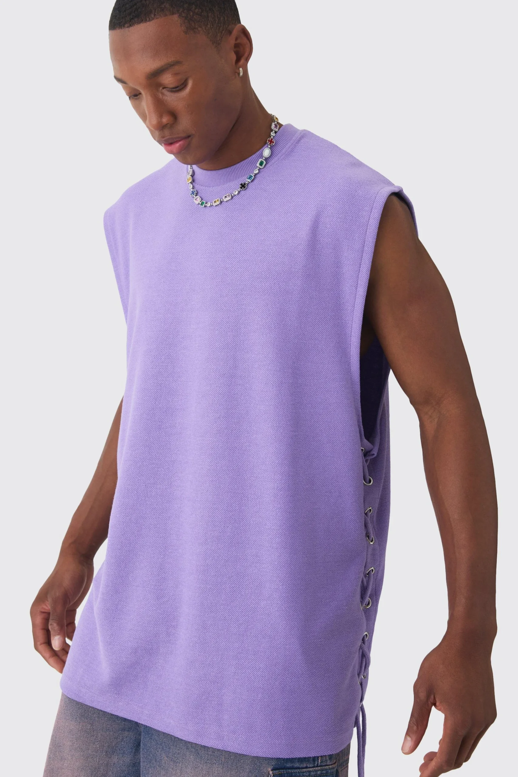 Oversized Reverse Loopback Lace Up Tank | UK^boohooMAN Sale