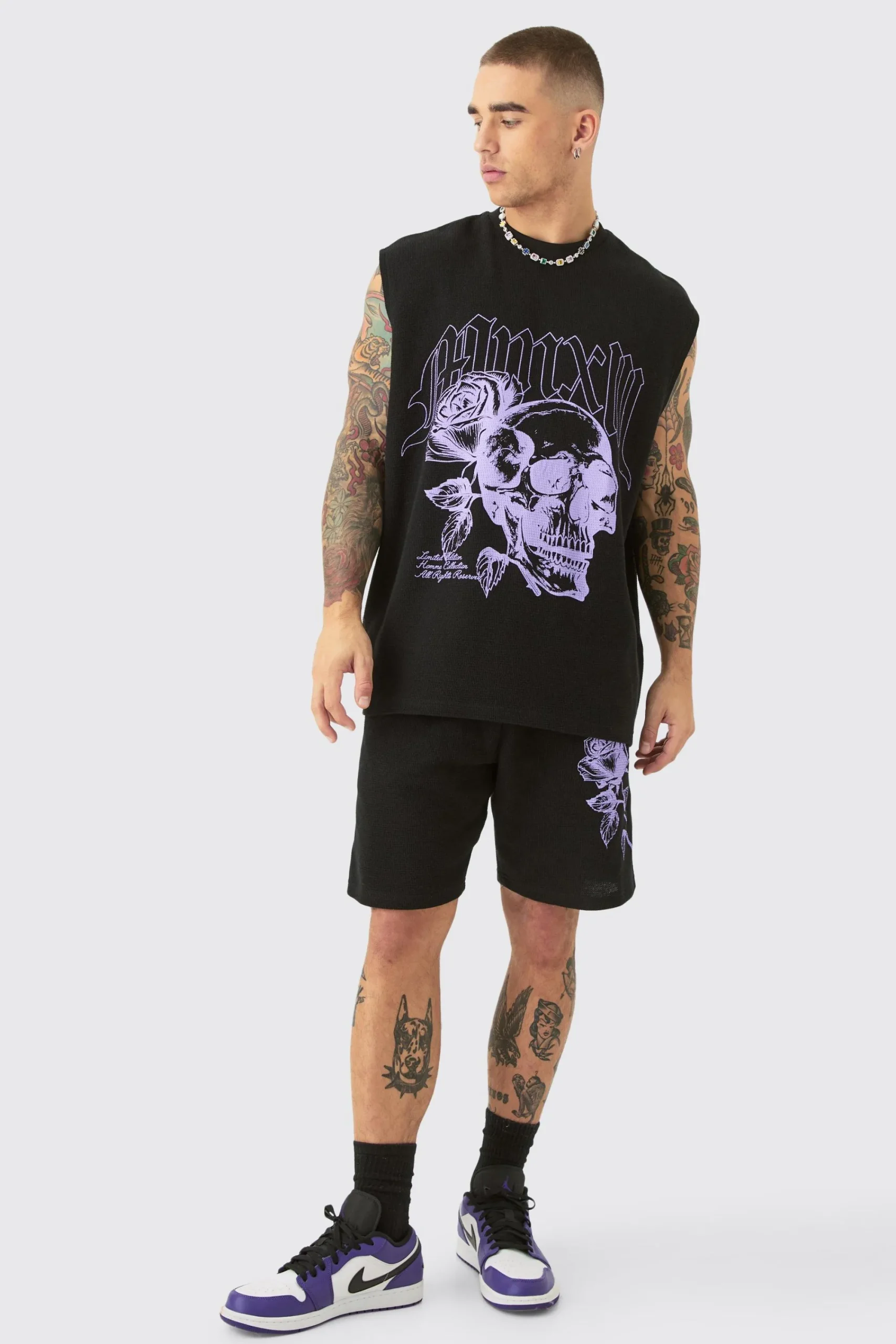 Oversized Rose Skull Waffle Large Printed Tank & Shorts Set | UK^boohooMAN Clearance