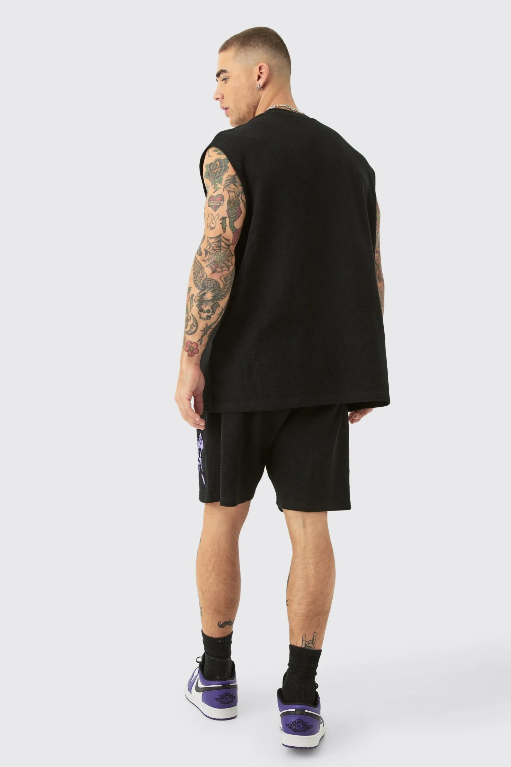 Oversized Rose Skull Waffle Large Printed Tank & Shorts Set | UK^boohooMAN Clearance