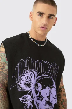 Oversized Rose Skull Waffle Large Printed Tank & Shorts Set | UK^boohooMAN Clearance