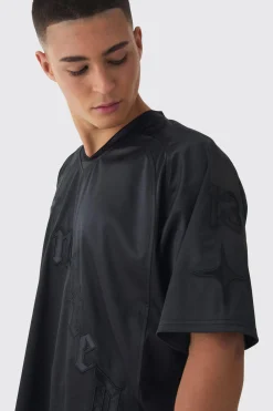 Oversized Satin And Denim Applique Varsity Tees | UK^boohooMAN Hot