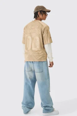 Oversized Satin Applique Varsity Top | UK^boohooMAN New