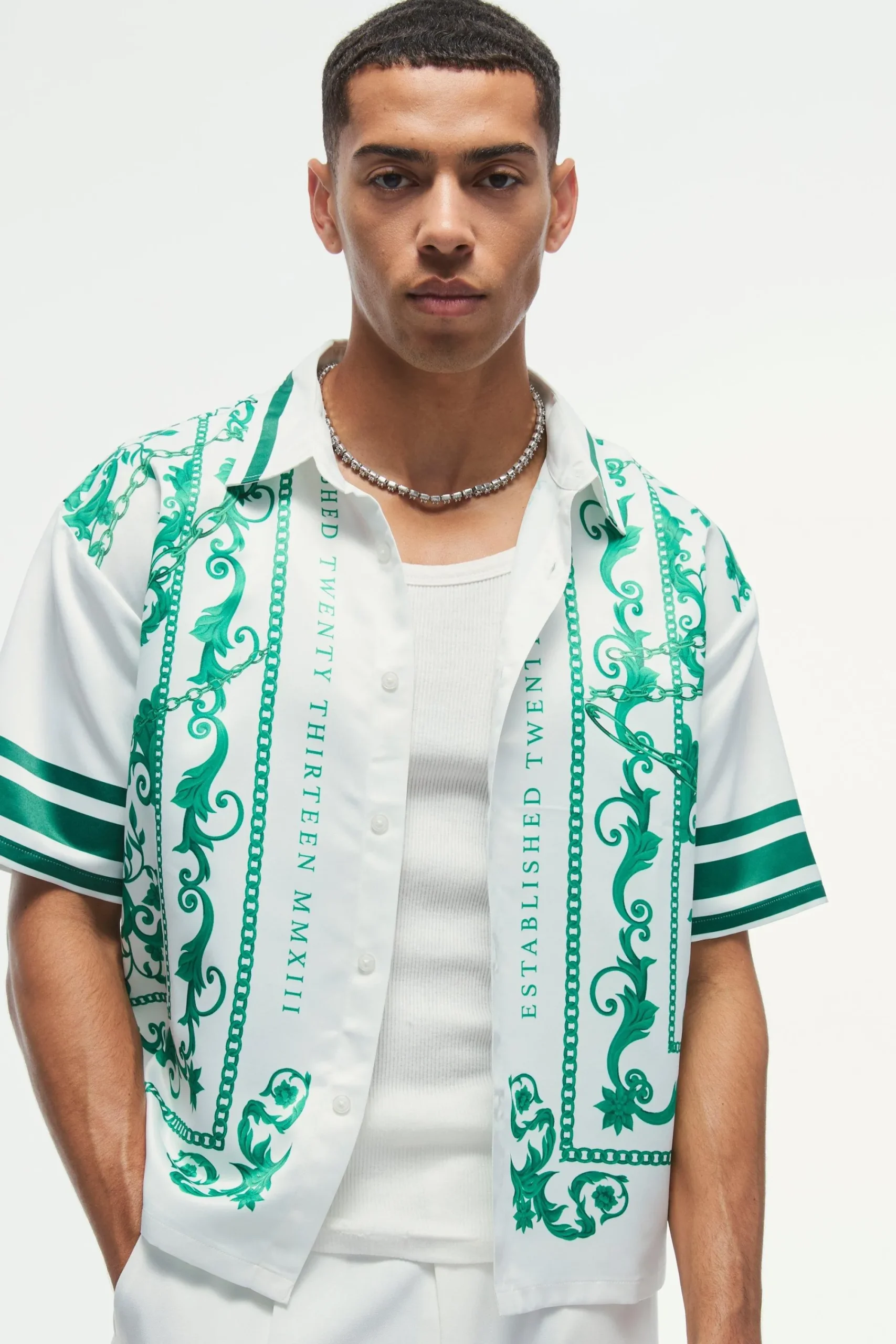 Oversized Satin Border Print Boxy Shirt | UK^boohooMAN Outlet