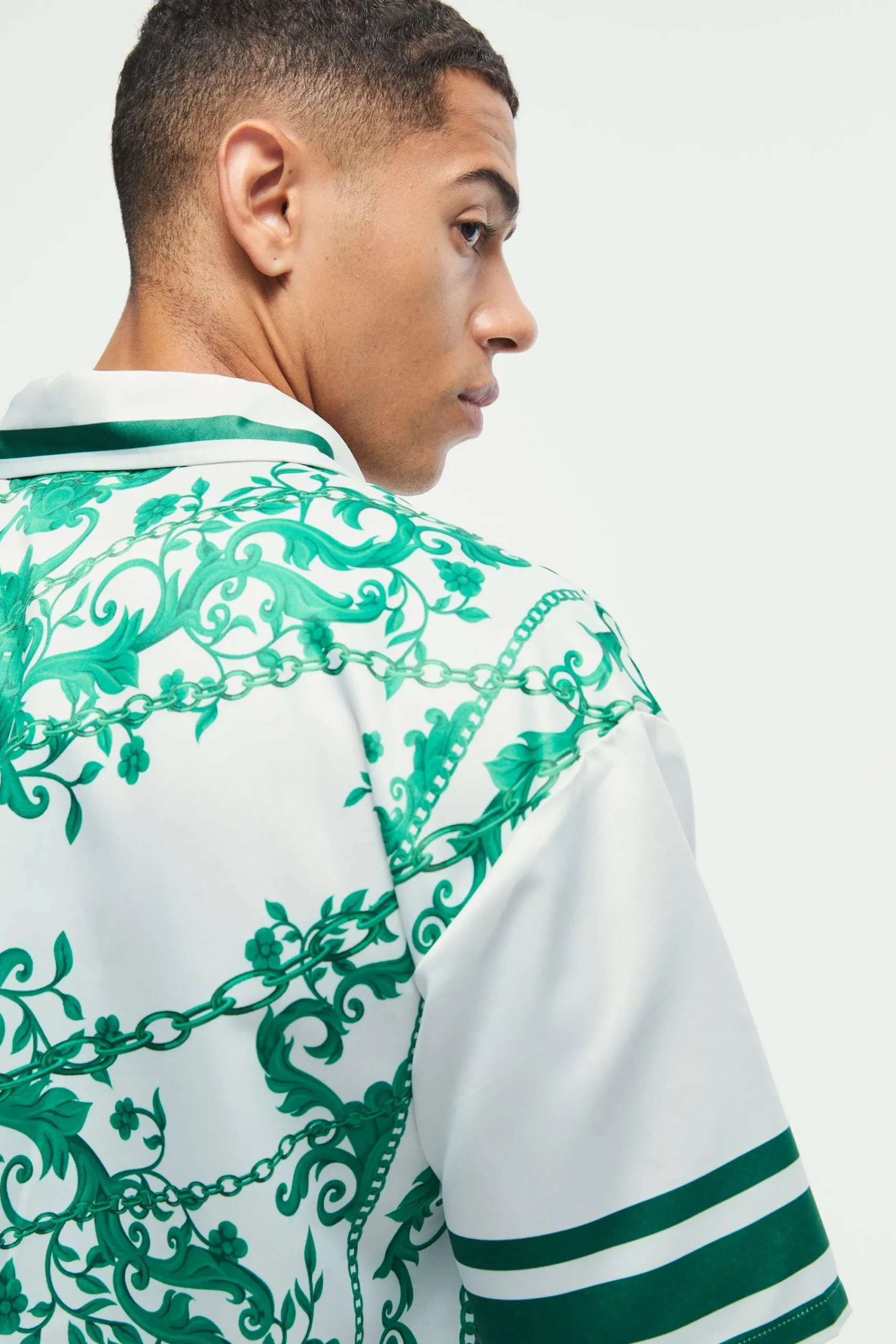 Oversized Satin Border Print Boxy Shirt | UK^boohooMAN Outlet