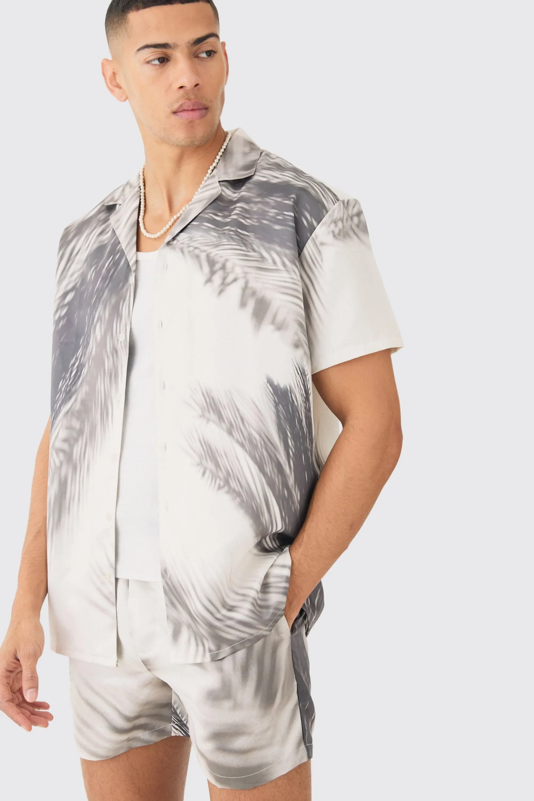 boohooMAN Oversized Satin Branch Print Shirt And Short | UK| Sets & Co-Ords