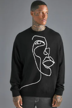 boohooMAN Oversized Scribble Face Knitted Jumper | UK| Knitwear