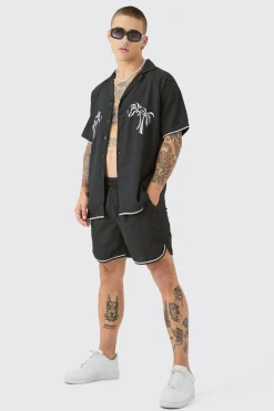 boohooMAN Oversized Seersucker Palm Embroidered Shirt & Short Set | UK| Sets & Co-Ords