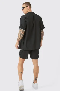 boohooMAN Oversized Seersucker Palm Embroidered Shirt & Short Set | UK| Sets & Co-Ords