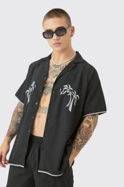 boohooMAN Oversized Seersucker Palm Embroidered Shirt & Short Set | UK| Sets & Co-Ords