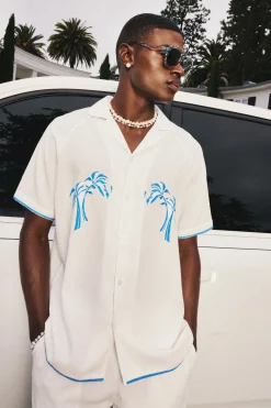 boohooMAN Oversized Seersucker Palm Embroidered Shirt & Short Set | UK| Sets & Co-Ords