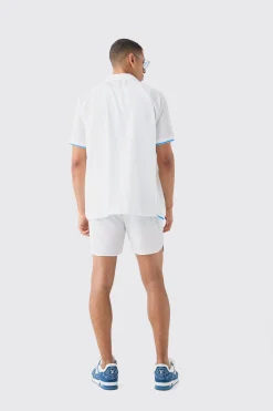 boohooMAN Oversized Seersucker Palm Embroidered Shirt & Short Set | UK| Sets & Co-Ords