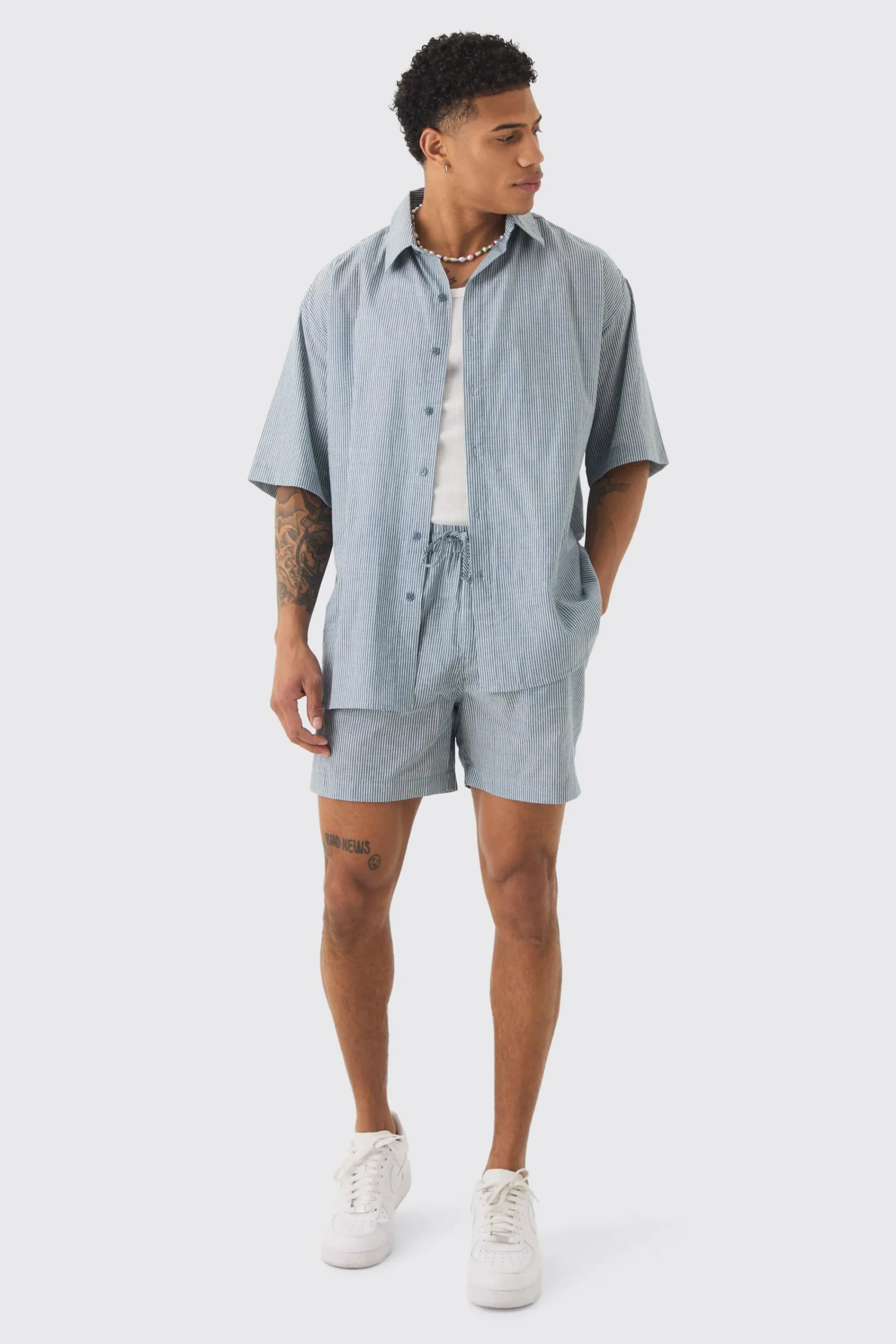 boohooMAN Oversized Short Sleeve Linen Look Shirt & Short Set In | UK| Sets & Co-Ords