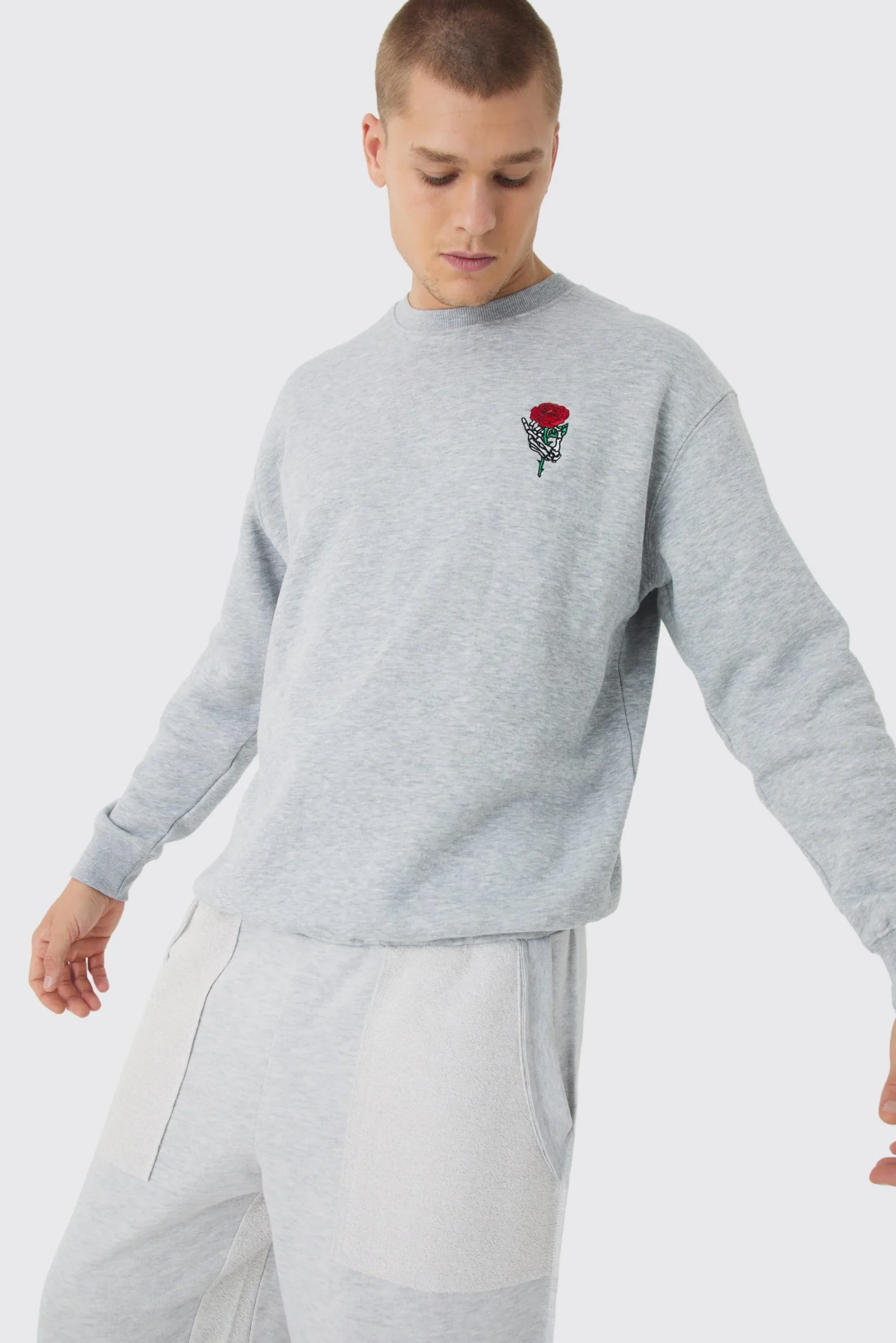 boohooMAN Oversized Skeleton Rose Embroidery Sweatshirt | UK| Hoodies & Sweatshirts