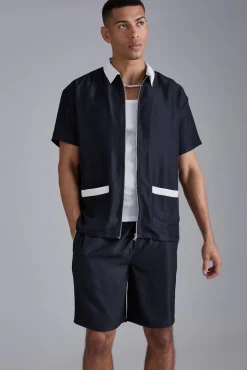 boohooMAN Oversized Soft Twill Contrast Pocket Shirt & Short Set | UK| Sets & Co-Ords