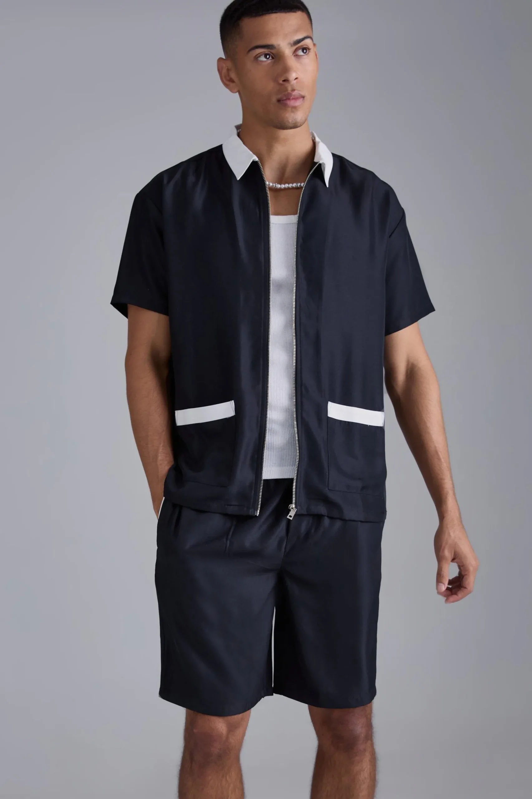 boohooMAN Oversized Soft Twill Contrast Pocket Shirt & Short Set | UK| Sets & Co-Ords