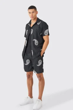 boohooMAN Oversized Soft Twill Paisley Embroidered Shirt And Short | UK| Sets & Co-Ords