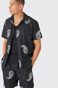 boohooMAN Oversized Soft Twill Paisley Embroidered Shirt And Short | UK| Sets & Co-Ords