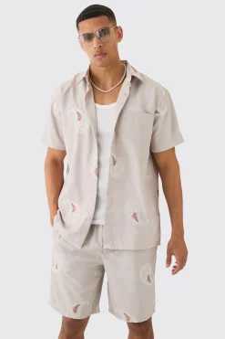 boohooMAN Oversized Soft Twill Paisley Embroidered Shirt And Short | UK| Sets & Co-Ords