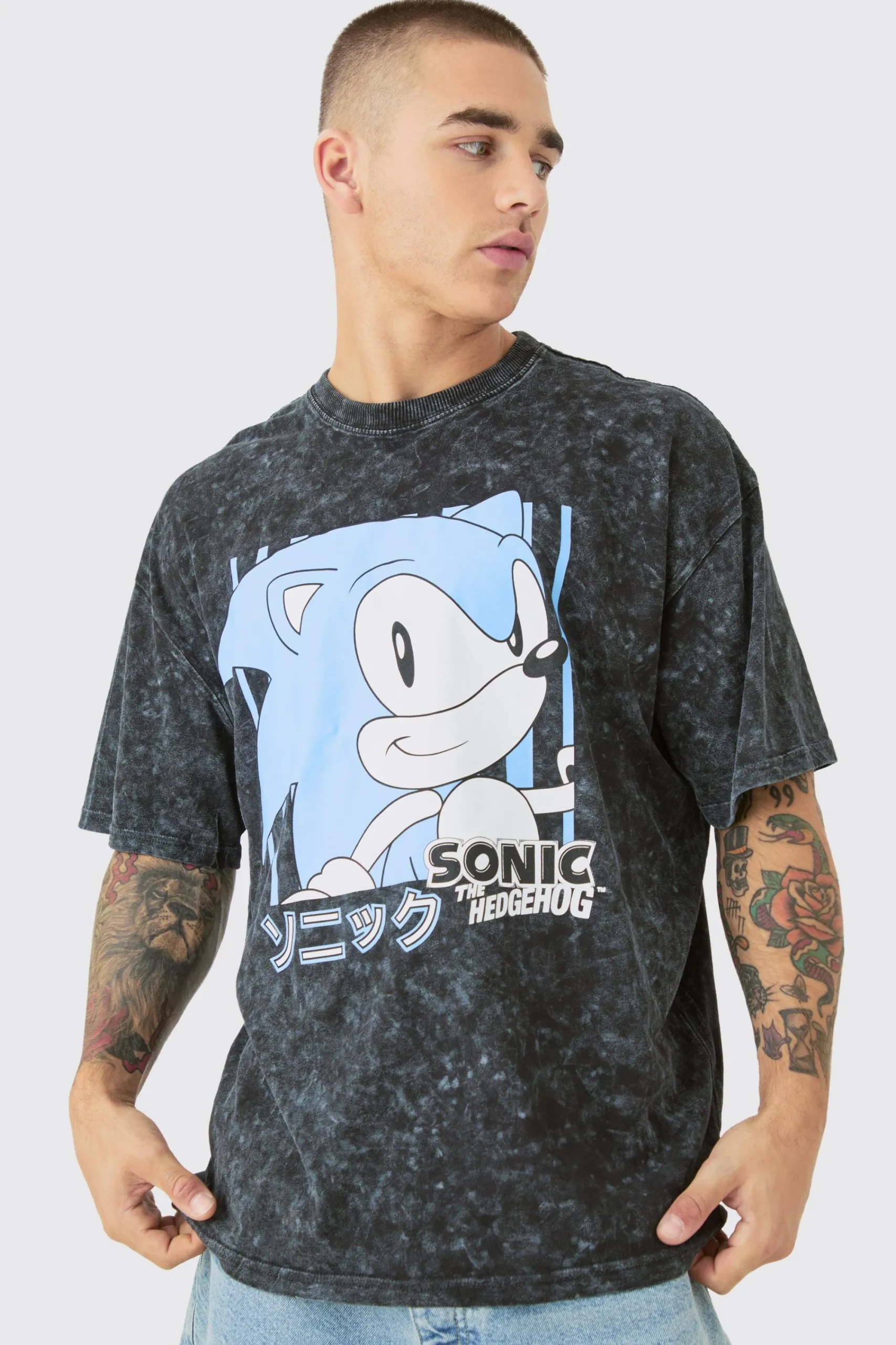 Oversized Sonic Anime Snow Wash License T-shirt | UK^boohooMAN Sale