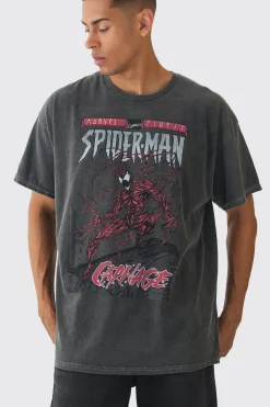 Oversized Spiderman Marvel Wash License Print T-Shirt | UK^boohooMAN Clearance