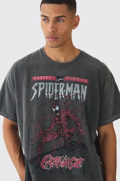 Oversized Spiderman Marvel Wash License Print T-Shirt | UK^boohooMAN Clearance