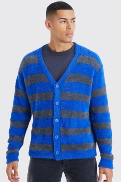 boohooMAN Oversized Stripe Fluffy Cardigan | UK| Knitwear