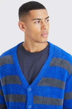 boohooMAN Oversized Stripe Fluffy Cardigan | UK| Knitwear