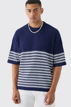 Oversized Stripe Knitted T-shirt | UK^boohooMAN Online