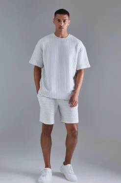 boohooMAN Oversized Striped Textured T-shirt & Short Set | UK| Sets & Co-Ords|Tracksuits