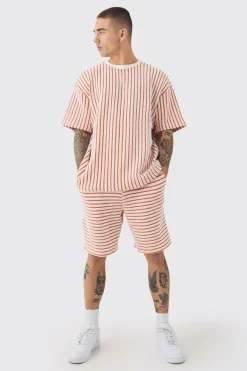 boohooMAN Oversized Striped Textured T-shirt & Short Set | UK| Sets & Co-Ords|Tracksuits