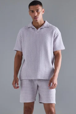 boohooMAN Oversized Striped Textured Revere Polo & Short Set | UK| Sets & Co-Ords|Tracksuits