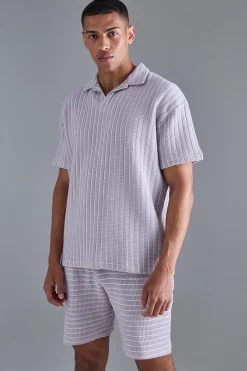 boohooMAN Oversized Striped Textured Revere Polo & Short Set | UK| Sets & Co-Ords|Tracksuits