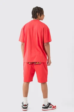 boohooMAN Oversized Super Heavy Embroide Slogan T-shirt & Short Set | UK| Tracksuits
