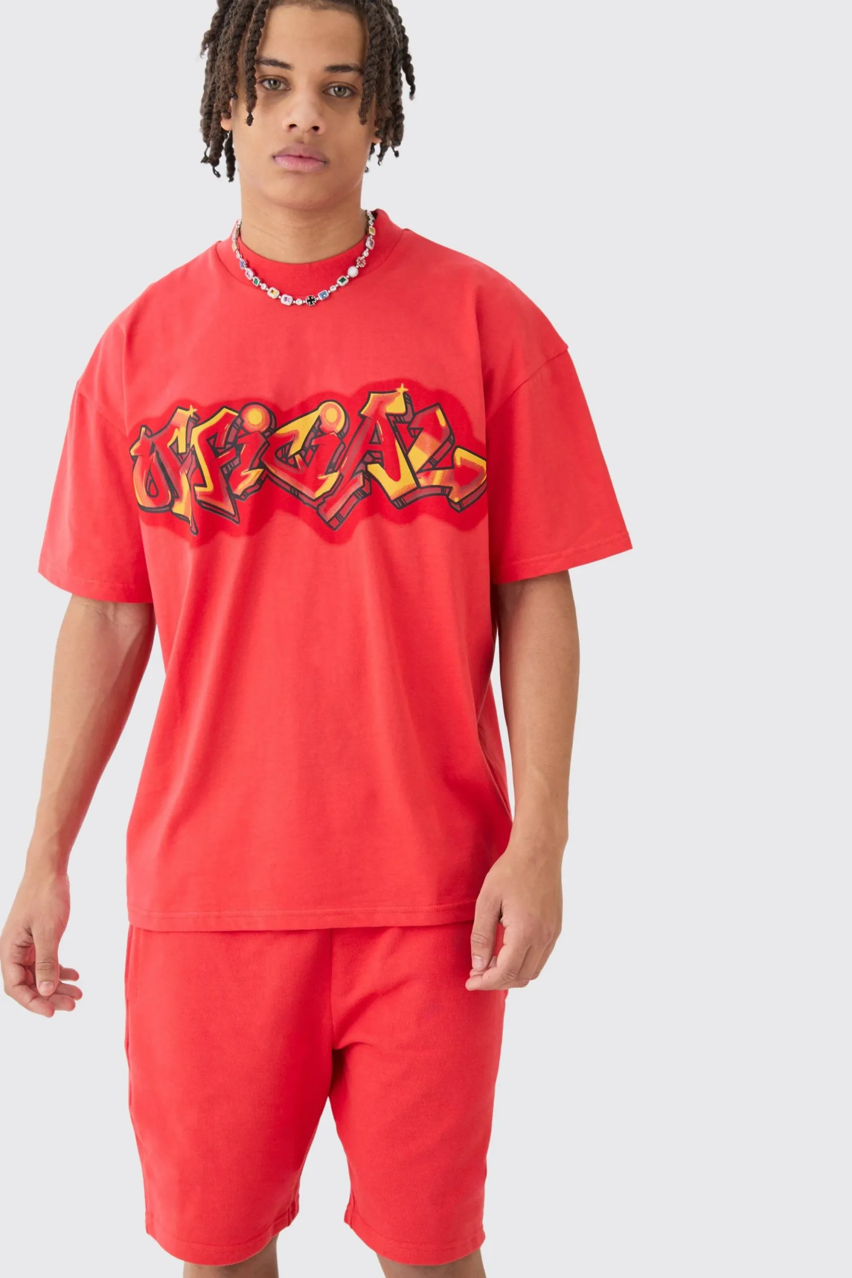 boohooMAN Oversized Super Heavy Embroide Slogan T-shirt & Short Set | UK| Tracksuits