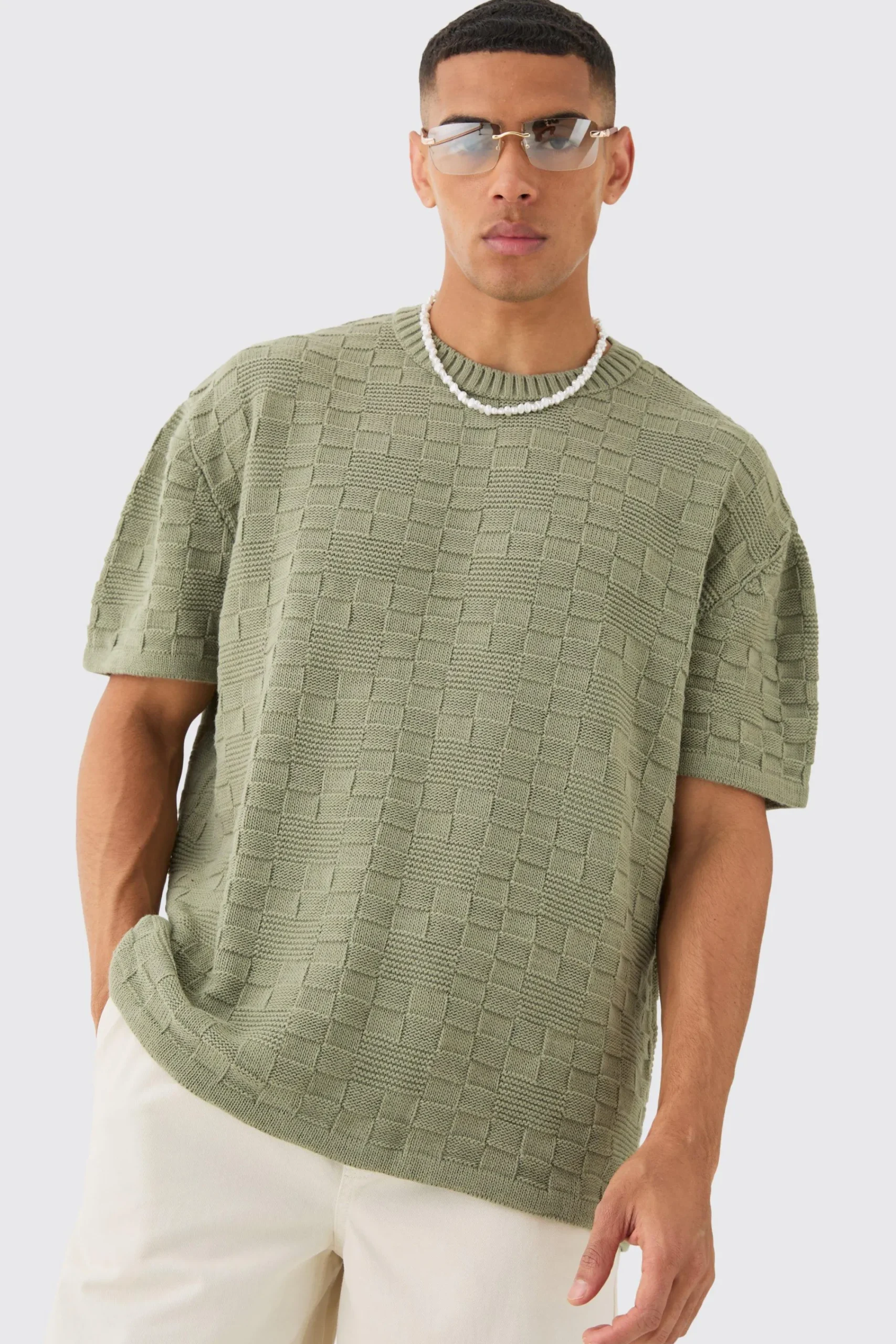 Oversized Textured Knit T-shirt In | UK^boohooMAN Outlet