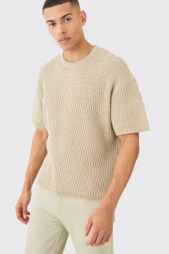 Oversized Textured Open Knit T-shirt | UK^boohooMAN Outlet