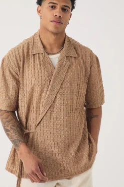 boohooMAN Oversized Textured Wrap Tie Half Sleeve Shirt | UK| Shirts