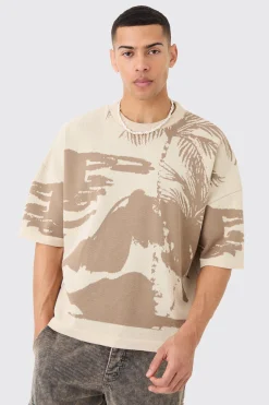 Oversized Tonal Scenic Drawing Knitted T-shirt | UK^boohooMAN Outlet