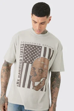 Oversized US Flag Skull Print Wash T-shirt | UK^boohooMAN Sale