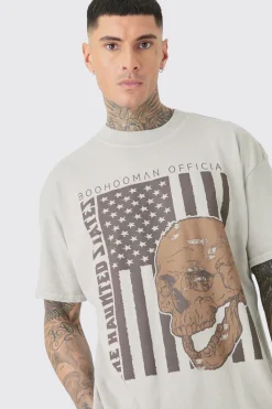 Oversized US Flag Skull Print Wash T-shirt | UK^boohooMAN Sale