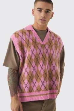 Oversized V Neck Argyle Fluffy Knit Vest | UK^boohooMAN Online